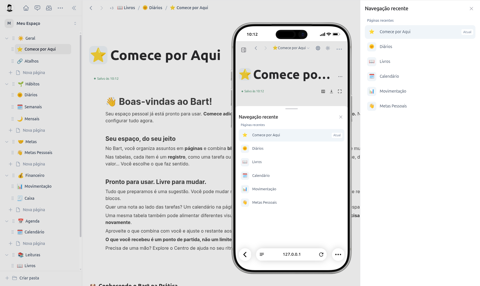 Barra superior e lista de páginas recentes do Bart no computador e no celular