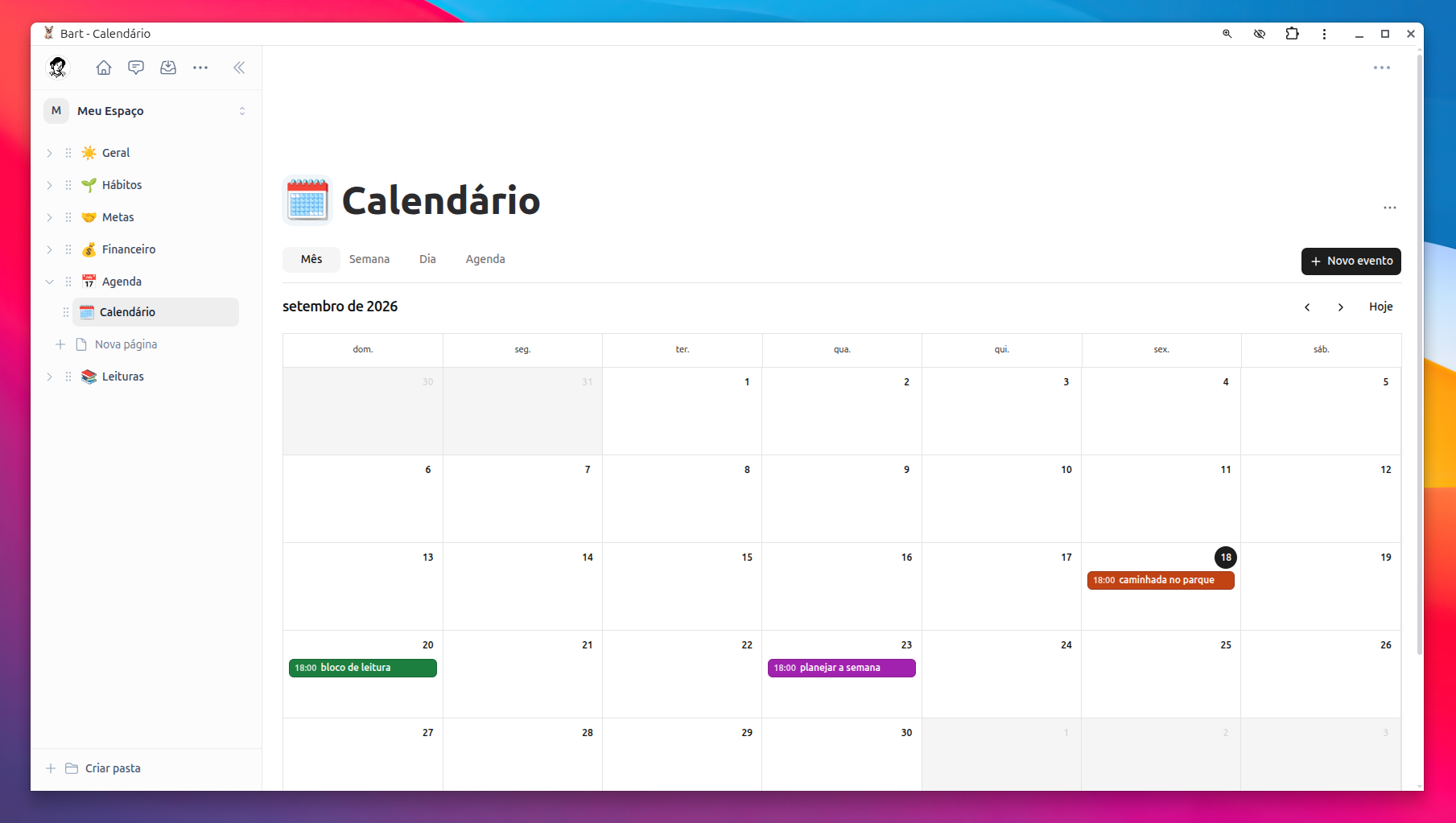 Calendário do Bart com compromissos e blocos de planejamento