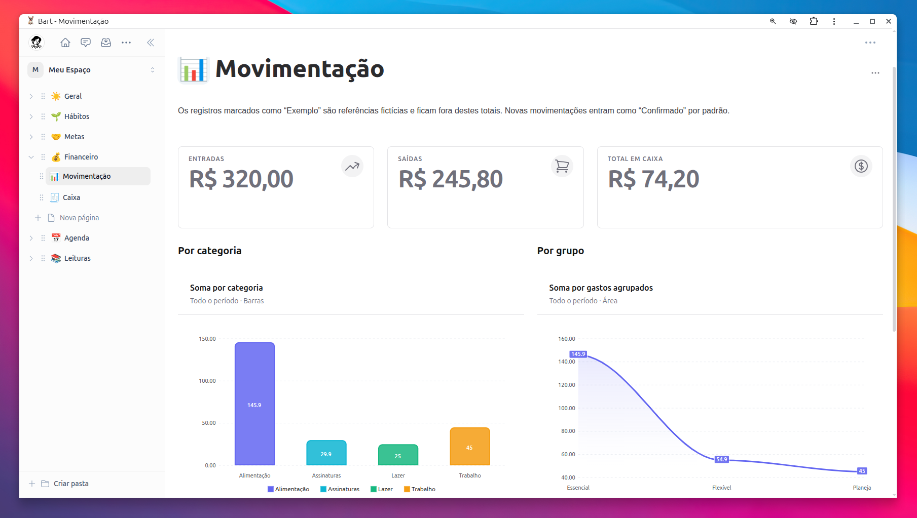 Visão financeira do Bart com totais de entradas e saídas
