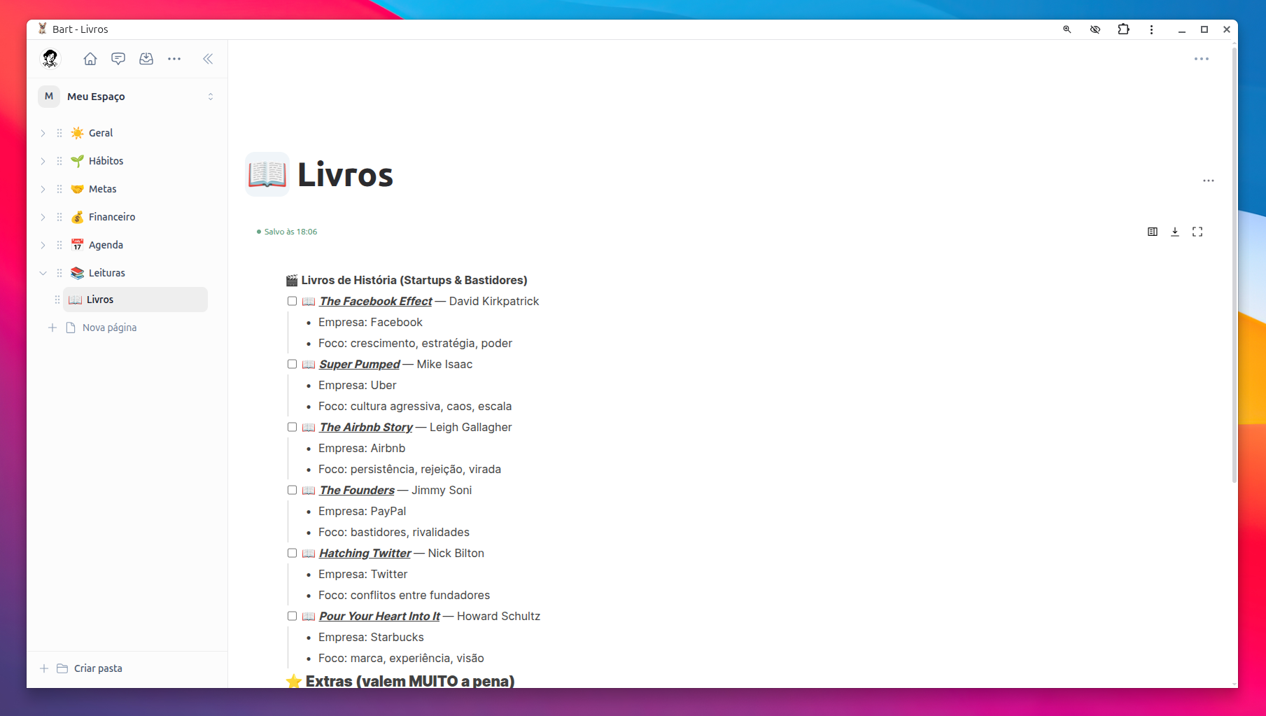 Página de livros do Bart com uma lista de leituras e anotações