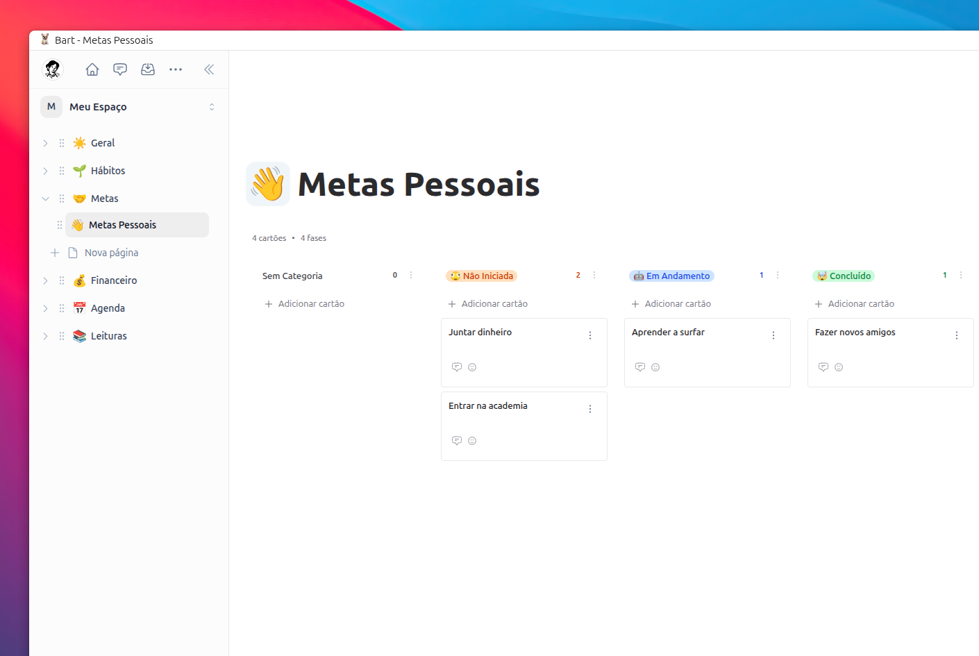 Quadro de metas pessoais do Bart com cartões organizados por fase