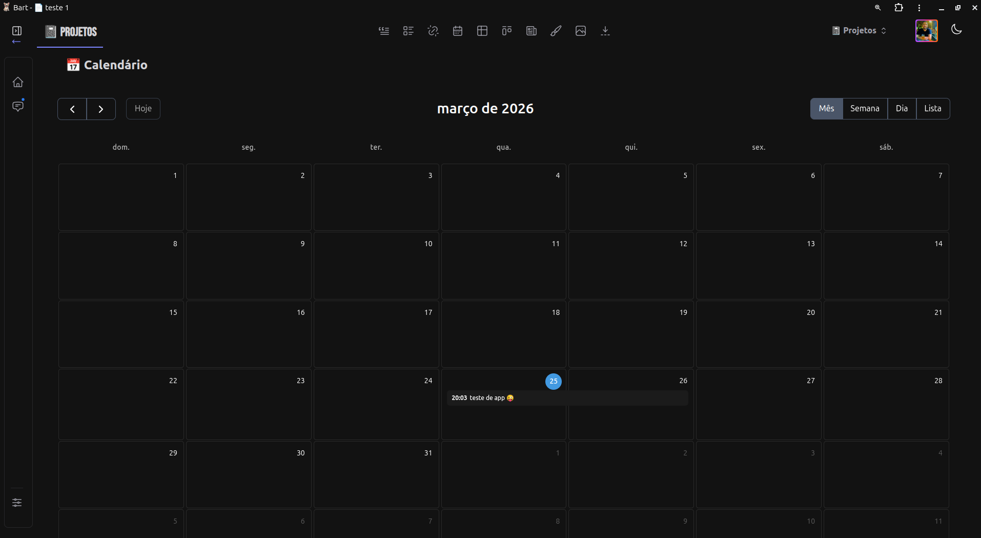 Calendário do Bart em dark mode
