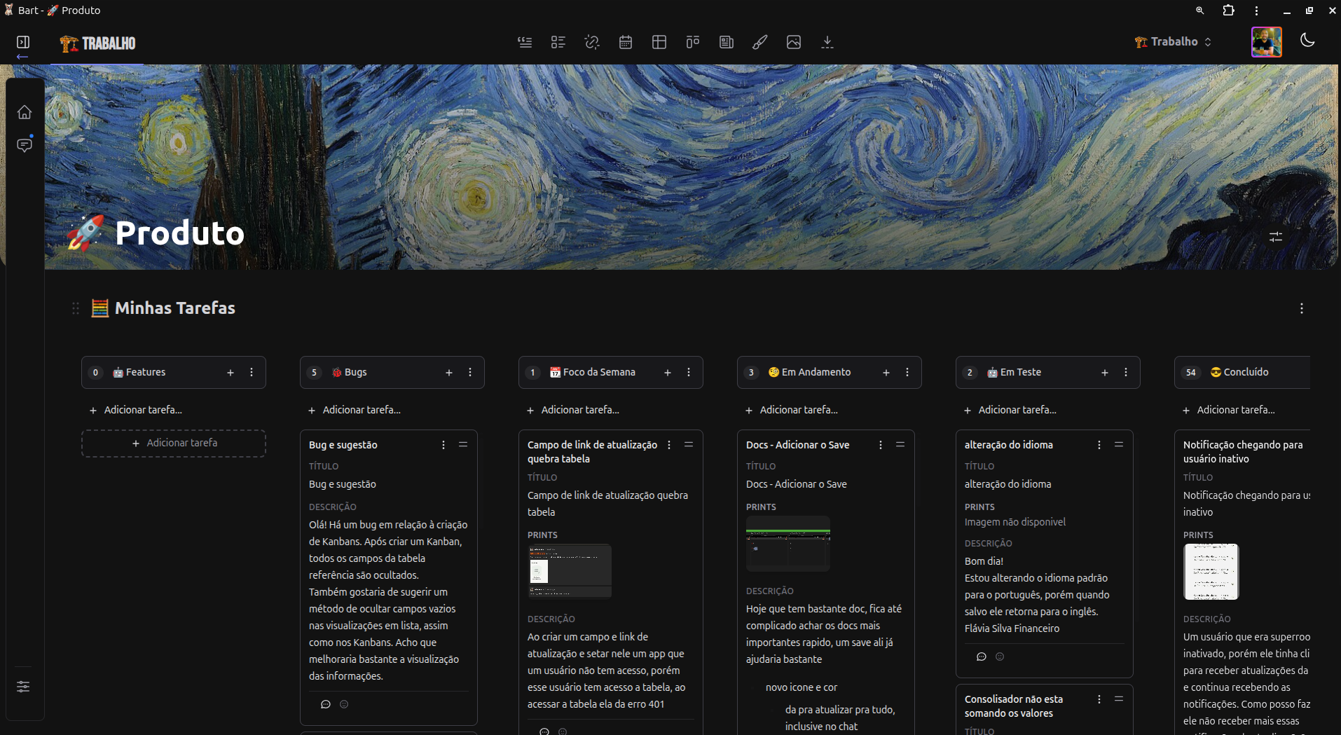 Página kanban do Bart em dark mode